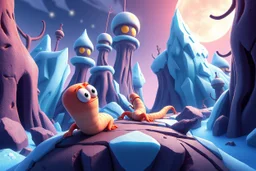 worms character in worms game crawling through 2d platformer with frozen artic jungle with weird alien towers gets torn apart under him, in the style of Pixar, expertly crafted in a whimsical and vibrant cartoon style. is masterfully rendered in a lifelike 3D design, which captivates viewers with there irresistible charm.