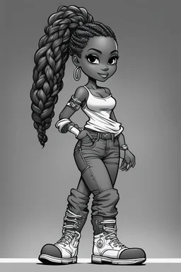 Create a black and white coloring page of a cartoon of a curvy African American chibi female wearing tight jeans and a off the shoulder blouse. She is also wearing timberland boots.. Highly detailed very long extremely braids of hair. Her skin is smooth and silky. Background of a track of ATV riders. No coloring, no shading, no grayscale,