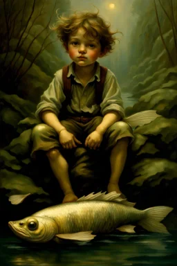 Masterpiece, ((Ottfried Preußler, the little water sprite)) the young little water sprite (boy) is sitting on the back of a big huge carp (fish) and glides with him under the water complete figure, flawless, full body shot, by Baptiste Monge, by Daniel Merriam, by Brian Froud, by Beatrix Potter, by Nicoletta Ceccoli, by Kinuko Y. Craft, by David Laurence, by Arcimboldo