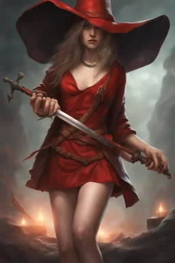 a young witch in a red low-cut short skirt, with a sword in one hand, photorealistic, delicate detail.