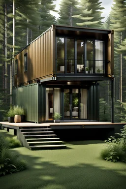 Medium sized, modern house in the woods made from shipping containers, photorealistic