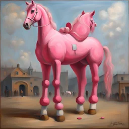 Big pink toy horse.19th painting