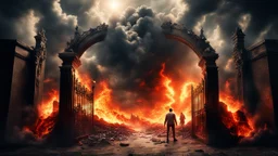 Hyper Realistic Photographic-Areal-View of Hell VS Heaven & people reaching towards the gates of them showing dramatic & cinematic ambiance.