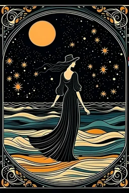 Frau in schwarzer Kleidung läuft auf dem Meer, im Himmel sind die Sterne und der Vollmond zu sehen, im Jugendstil.