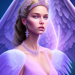 portrait of a beautiful woman with an angel face, pink and blue dress, jewels, soft light aura