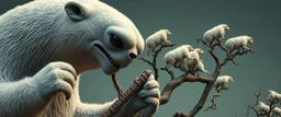 close up on member of jazz giant polar alien sloth gremlin sheep flock climbing trees in the style of Escher
