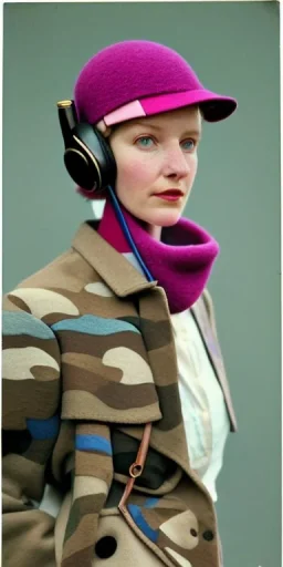 Everything she wear is in the image. of young woman, plum-blue-magenta-camouflage. She wears mantel and simple blouse.Felt cloth visor with tippet. SMALL FELT CAP is merged to Old AKG headphones with recognizable Golden rings! cloth materials are denim and felt cloth mixed. Fashion 1990's. Colors: Cream white, zinc plate, red ochre, ochre, orange - all mixed. Thick tights. Thick calves. She is in figure from top to toe.