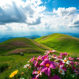 beautiful Green hills covered with flowers colorfull ,blue sky heavy clouds with godray ,very nice flowers at closeup ,wonderfull mountains at distance