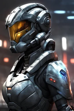 female sci-fi Power-Armor with cool helmet mass effect likeness, fallout game halo armor likeness