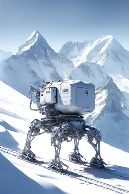 a sleek mechanical walker with eight legs scaling a very steep snow covered side of mout everest at night, it has a smooth surface, it has storage pods on its belly and humans can fit in the pods