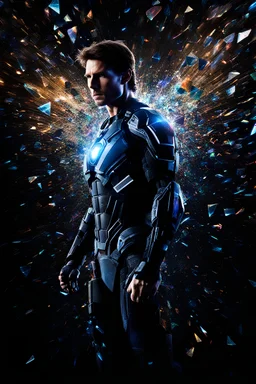 Tom Cruise - pitch-black background with a blue glowing overhead spotlight effect, multicolored shards of broken glass, prism effect, mosaic effect, time travel, space voyages, superheroes, moving really fast