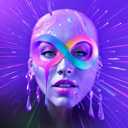 colourful infinity symbol ∞ on womans face that is melting, striking, vibrant, chiaroscuro, dramatic, captivating, powerful, beautiful, octane render, 16k post-production, artstation: award-winning: atmospheric: commanding: fantastical: clarity: ultra quality: striking: brilliance: stunning colors: amazing depth; lens: f/11, 35mm