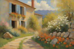 sunny day, clouds, epic mountains, stone wall, flowers, spring trees, spring influence, rocks, distant house, very epic, claude monet, alfred stevens, and georges lemmen impressionism paintings