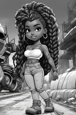 Create a black and white coloring page of a cartoon of a curvy African American chibi female wearing tight jeans and a off the shoulder blouse. She is also wearing timberland boots.. Highly detailed very long extremely braids of hair. Her skin is smooth and silky. Background of a track of ATV riders. No coloring, no shading, no grayscale,