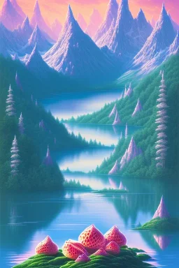 mountain with strawberry ice-cream on top, lake, trees, mystical, Post-painterly abstraction