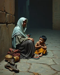 Bosch painting style ,nightmare, a woman beggar wearing Arabic cloths sitting on the side of the street with her children begging