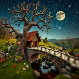 Photograph hasselblad h6d400c --ar 85:128 --v 6.0 of a fairy old bridge, tree, old bewitched house, made of felt, tiltshift, 3d deep field, Joan Miró, wide angle landscape scenr, galaxies, creepy, needlepoint, abstract silhoutte, expressionist style, colorful holiday