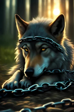 sad small scruffy wolf in chains laying down with head between its paws, high detail, photorealistic, 4k, fantasy, sun setting with trees in the background