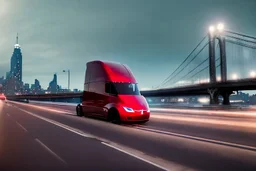 A Tesla 'Semi' (semi truck) is going at a high speed, on the 'FDR Drive', eastern Manhattan. (CINEMATIC, WIDE ANGLE LENS, PHOTO REAL)