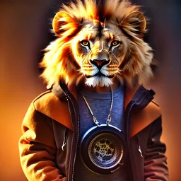 Lion toddler, smile, steampunk headphone, sunglass, gangsta neckless, full body, orange puffer jacket, tokio background, dramatic lighting, hyper realistic, unreal engine 5, 16k