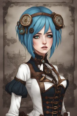girl with bob, blue hairs, white sweather, steampunk style, steampunk background