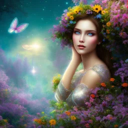 bright fairy, beautiful portrait, flowery landscape, cosmic ambiance