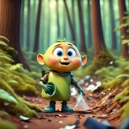 a very little Cute Figure, with cute face, collects trash in the forest, pixar style