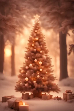 An idyllic image of a Christmas tree in a romantic style, focusing on the beauty of nature and warm, soft colors