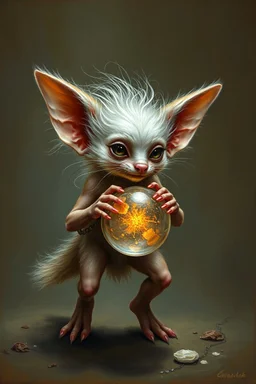 glorious transparent transcendent cute hairy gremlin elf fairy fox holding ball in chain, painted by Rembrandt