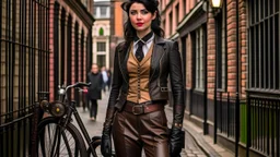 full-height portrait of a woman with straight shoulder-length black hair, with metal arms and legs, dressed in leather trousers, and a waistcoat, in a Victorian street next to a steampunk bike