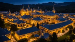 142857, delightful, sensitive, fantastic, confident, undulating sinusoidal castle with hyperbolic golden roofs, delicate, night, darkness, architecture, award-winning photograph, beautiful composition, dreamlike, filled with beautiful detail, delicate colour, chiaroscuro