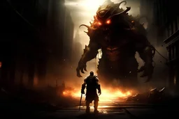 Desktop background god protecting a simple charactature of a man he walks thru a bleak post apocalyptic monster and demon infested urban landscape showing 100 demons shooting firey darts at the man who is protected by a sheild of light.