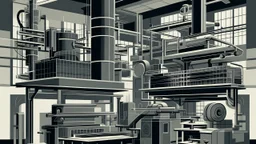 A gray factory with a printing press in Bauhaus art style
