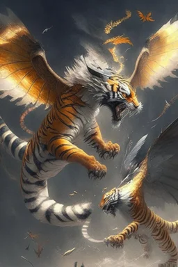 A flying tiger with wings is fighting with a dragon.