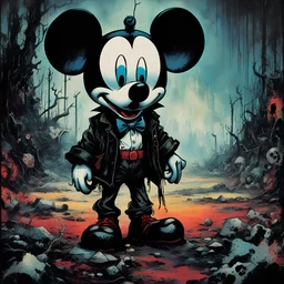 Creepy and sinister looking Mickey Mouse, digital comic book illustration by (((Herman Brood, Gary baseman and billy butcher))), ominous art, grunge colour aesthetic, hyper detailed, disturbing, vhs analog horror, bizarre, weird, stylistic, HDR, RAW gritty