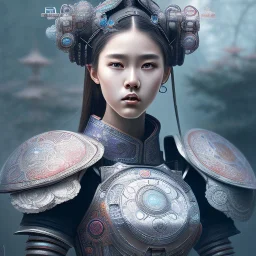 robot samurai girl, sango fantasy, fantasy magic, intricate, sharp focus, illustration, highly detailed, digital painting, concept art, matte, artgerm and paul lewin, masterpiece, mercury armor