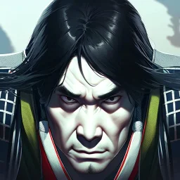 gigachad face,sigma,man face,brutal man,reflections,shadows,more details,realistic light,one person,looking into the camera,Japanese Samurai,White skin,Samurai Armor,Long Black hair covered in a bunch