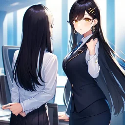 girl, masterpiece, best quality, volumetric lighting, dynamic pose, detailed outfit, perfect eyes, long hair, black hair, vibrant golden eyes, hairclip, earrings, office,