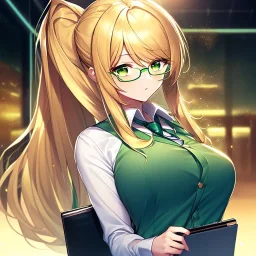 girl, masterpiece, best quality, cinematic lighting, detailed outfit, perfect eyes, golden hair, long hair, vibrant green eyes, ponytail, office clothes, green glasses,