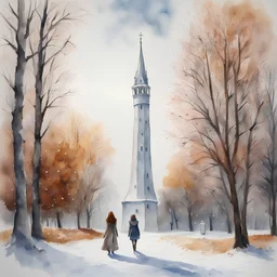 "realistic" full size a woman in a snowy park walks towards a white tower. There are trees and a snow-covered bench along the path. The leaves on the trees are dry and brown. The sky is grey. watercolor wet on wet, romantic, detailed. watercolor painting wet on wet, romantic, detailed, award winning, colourful, focused, nikonD850