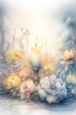 magic Watercolor, color, flowers, candles, purification from ghosts, subtle black ink drawing, several landscapes, collage, fog, many details,delicate sensuality, realistic, high quality,3d, work of art, hyperdetalization, professionally, filigree, hazy haze, hyperrealism, professionally, transparent, delicate pastel tones, backlight from behind, contrast, fantastic, fabulous, unreal, translucent, glowing,clear lines, horror,epic, hyperrealism.
