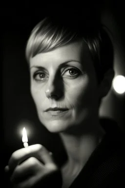 retrato en primer plano de una mujer con el pelo muy corto que mira pensativa al infinito mientras sujeta con la boca una cerilla encendida. Fotografía realizada con una cámara Leiza. Objetivo de 35 mm. Fotografía en blanco y negro. Fondo muy difuminado