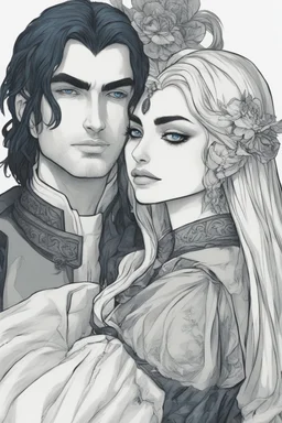 A couple from the dnd game curse of Strahd. The woman has long white hair and blue eyes, the man has LONG BLACK hair and red eyes, no facial hair. KISSING