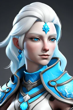 Female earth genasi with blue gem skin and white hair