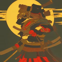 Samurai Japanese Ukiyo-e, sun in the background, walking in the mountains