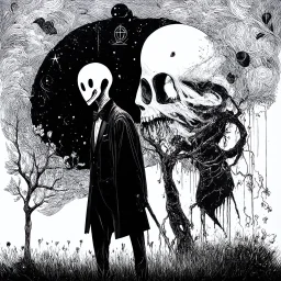 nihilism, Slenderman mourning. gnostic emptiness, by Martyn Turner and Wassily Kandinsky, surreal, horror, double exposure, complex composition