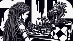 velcro patch of medusa in the style of cyber punk playing chess with a knight chess piece in her hand