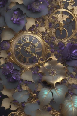 art nouveau, dark colored flowers and ivy, time pieces and gears, gold sparkles and magic, photorealistic
