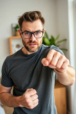 Portrait of angry caucasian man wearing eyeglasses and showing big fist standing at home indoor
