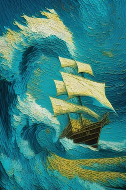 Ship in high detail, giant waves, Van Gogh Style